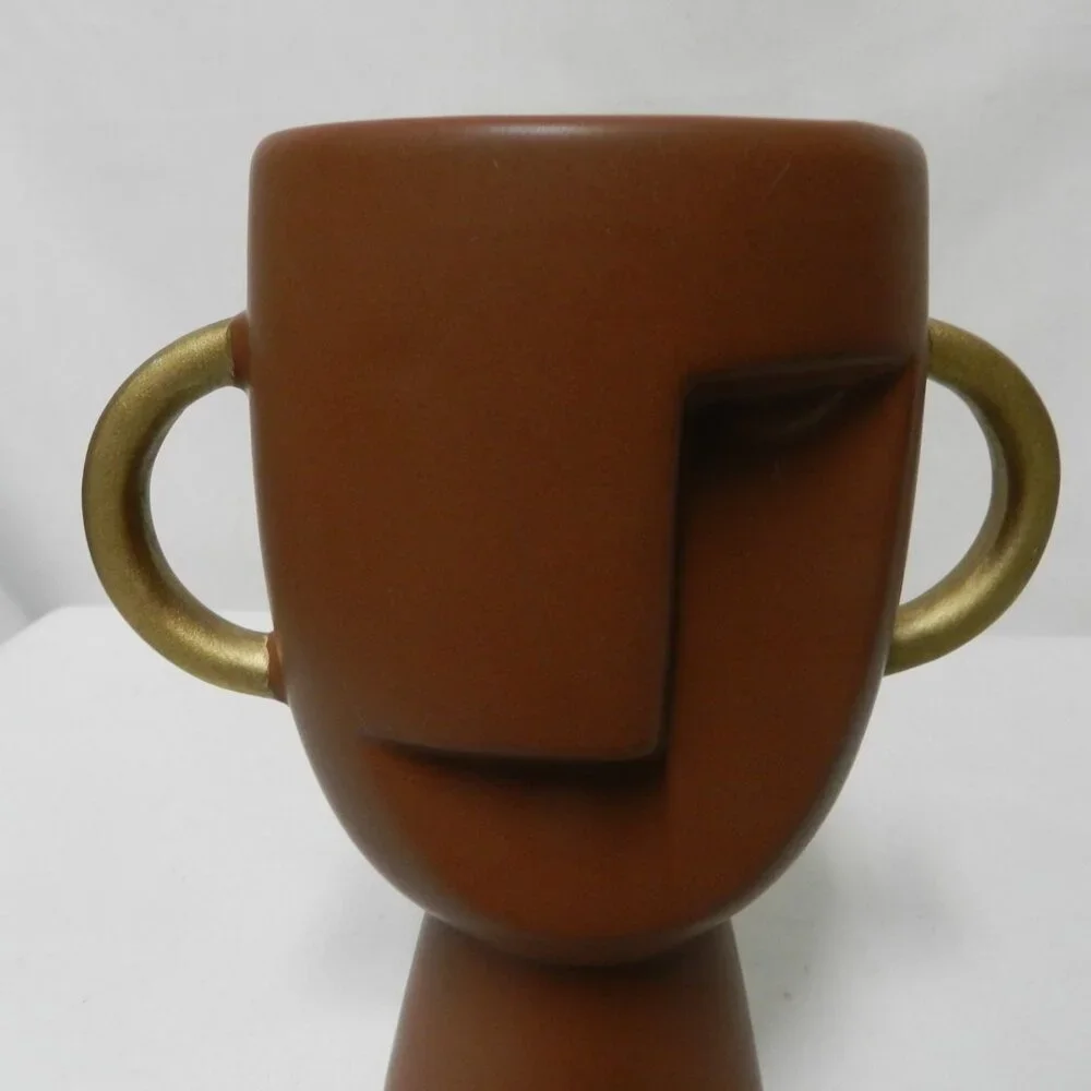 Abstract Face Ceramic Vase double handles brown gold 7